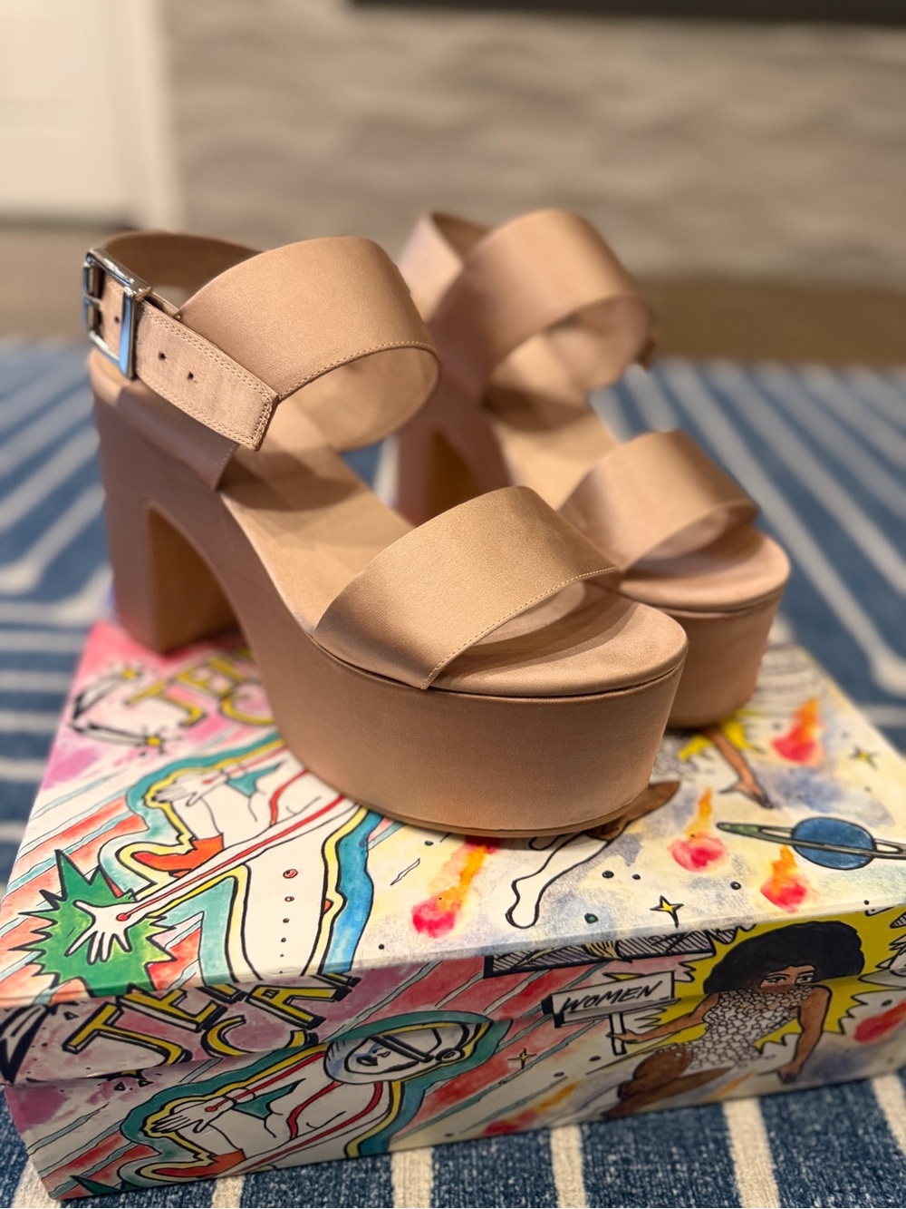 Jeffrey Campbell Champagne Satin Platform Block Heel Sandals